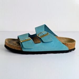 Birkenstock Arizona Sandals EU 37 Turquoise Blue Nubuck Leather Gold Buckles GUC